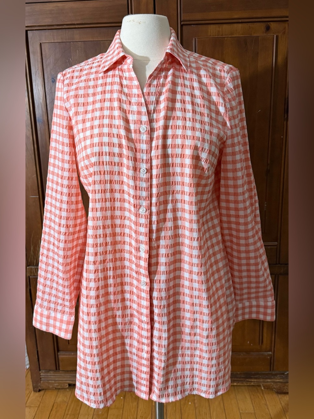 Chico’s Size 1 Coral Gingham Seersucker Button Front Tunic Shirt